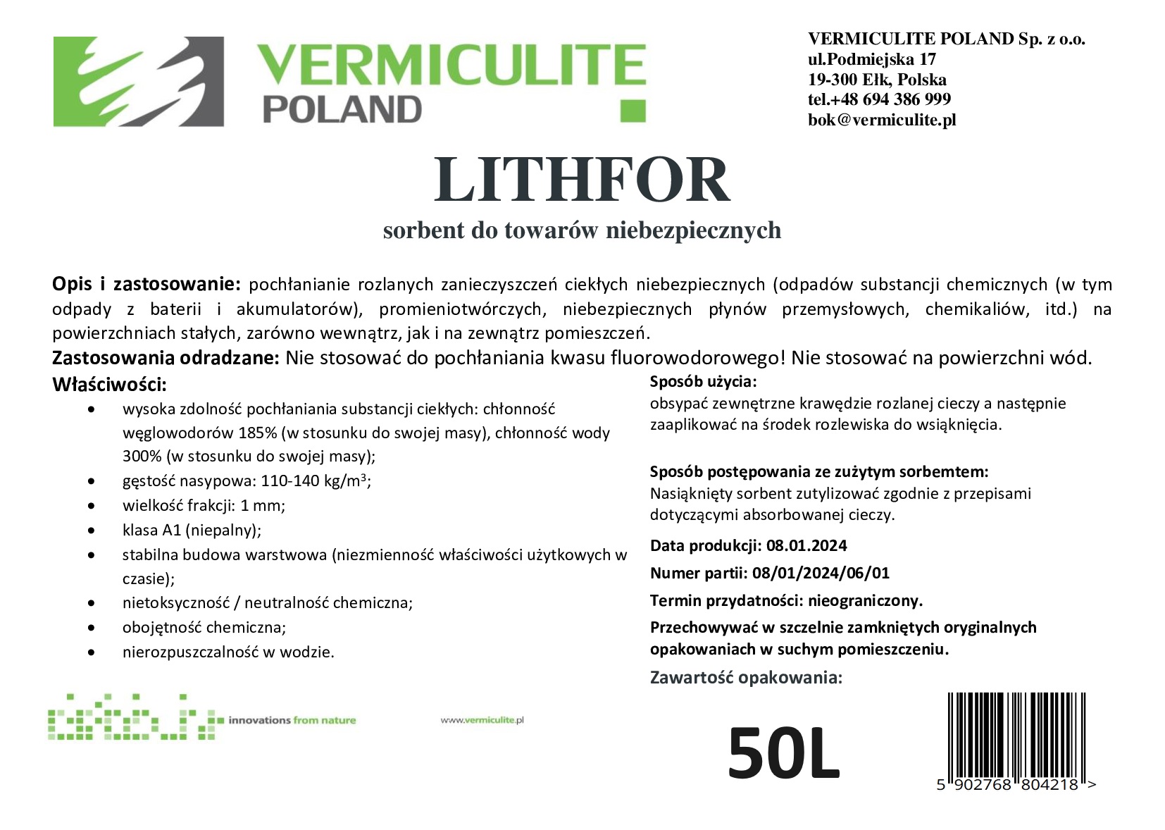 Sorbent LITHFOR - 50L